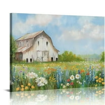 COMIO Old barn Pictures Wall Art, Rustic Farmhouse Wall Decor for Living Room, White barn Canvas Art Colorful Flowers Country Landscape Painting Poster for Home Decoration
