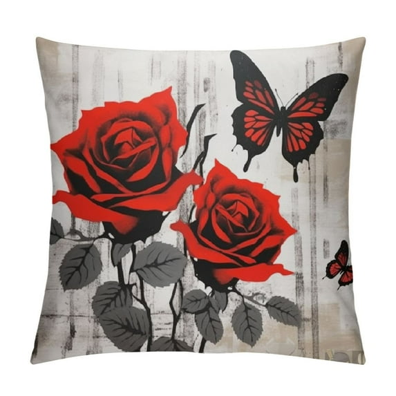 QZHH Ombre Watercolor Throw Pillow Covers for Girls Women,Blue Grey Oil Painting Pillow Covers,Rustic Rose Butterfly Floral Cushion Cases,Couples Anniversary Square Pillow Cases Office Decor