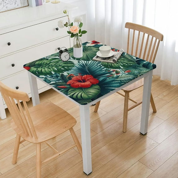 COMIO Outdoor Fitted Hibiscus Flowers Summer Colorful Hawaiian Tropical Plants Palm Leaf Square Tablecloth White