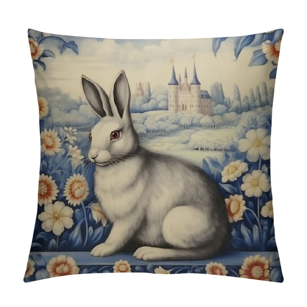 COMIO Outdoor Pillow Covers Rustic Blue Dutch Rabbit Pillow Case Floral ...