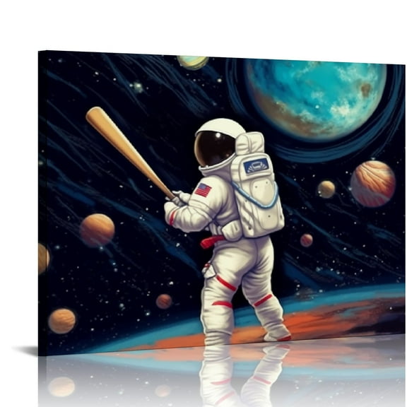 COMIO  Outer Space Wall Art Blue Astronaut and baseball basketball rugby Canvas Painting Funny Astronomy Poster Picture Artwork for Bedroom Nursery Room Decor