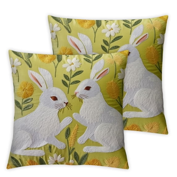 COMIO Pack of 2 Happy Easter Throw Pillow Covers - Tassel Trimmed Printed Colorful Flowers and Rabbits Spring Farmhouse Decorative Easter Pillows, Light Green,