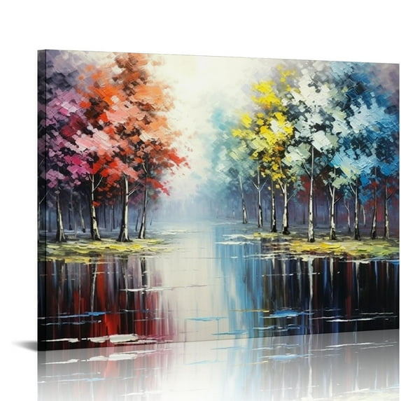 COMIO Painted Lake Landscape Canvas Wall Art with Colorful Tree Thick Texture Painting Abstract Artwork