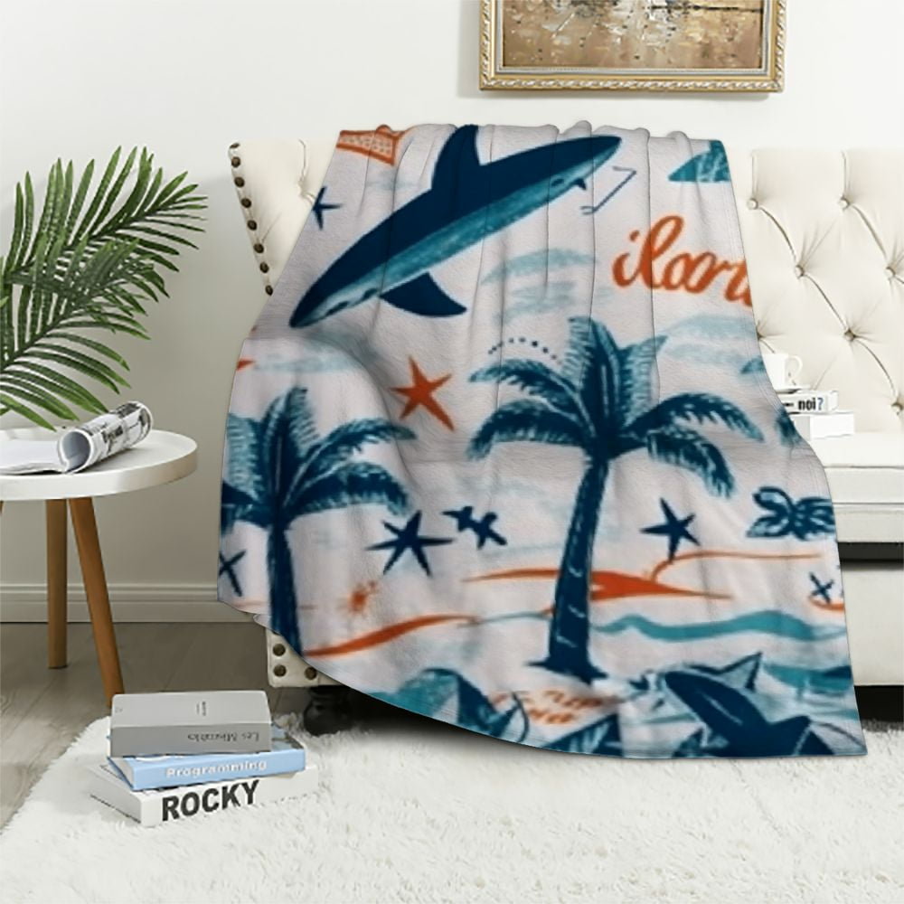 QZHH Palm Tree Blanket Surfboard Blanket Surfing Sports Sherpa Blanket for Couch Travel Sofa Hawaiian Tropical Plush Throw Blanket Shark Starfish Room Decor Fuzzy Blanket Walmart