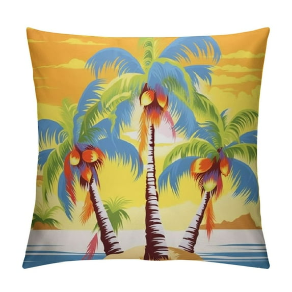 QZHH Palm Tree Throw Pillow Cushion Cover, Colorful Cartoon Tropical Island Hawaiian Seagulls Sunset Summer Theme, Decorative Square Accent Pillow Case, Blue Orange