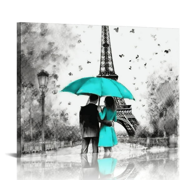 COMIO Paris Bathroom Decor Teal Gray Eiffel Tower Wall Art Bedroom Pictures Abstract Couples Umbrella City Street Posters Romantic Black and White Canvas Painting for Living Room Home Decoration