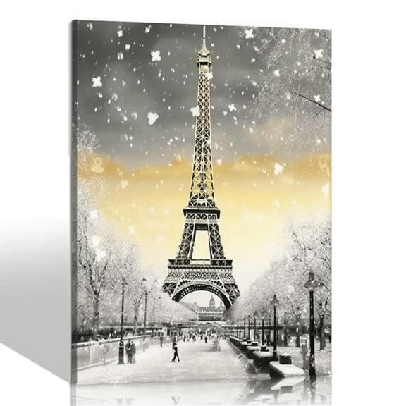 COMIO Paris Canvas Art Wall Decor Gold Eiffel Tower Landscape Painting Picture France Artwork for Bedroom Framed