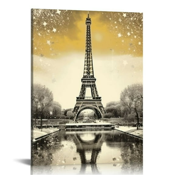 COMIO  Paris Canvas Art Wall Decor Gold Eiffel Tower Landscape Painting Picture France Artwork for Bedroom Framed