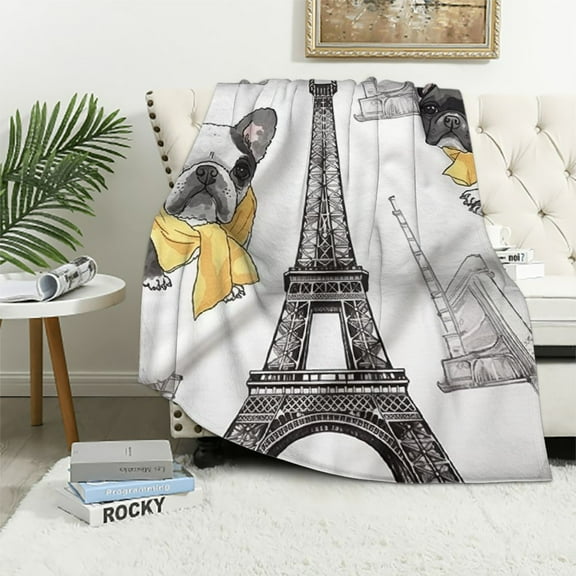 COMIO Paris Eiffel Tower Throw Blanket Queen for Girls Women,Cute Cartoon French Bulldog with Croissant Blanket Funny Pet Dogs Fuzzy Blanket for Teens Adults Bedroom Romantic Gray Plush Blanket
