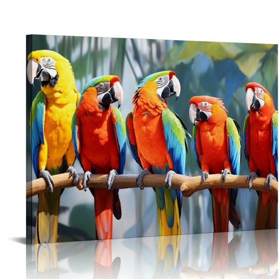 COMIO Parrot Bird Canvas Wall Art Colorful Parrots on Branch Painting Prints Tropical Rain Forest Animal Poster Bird Picture For Bathroom Decor