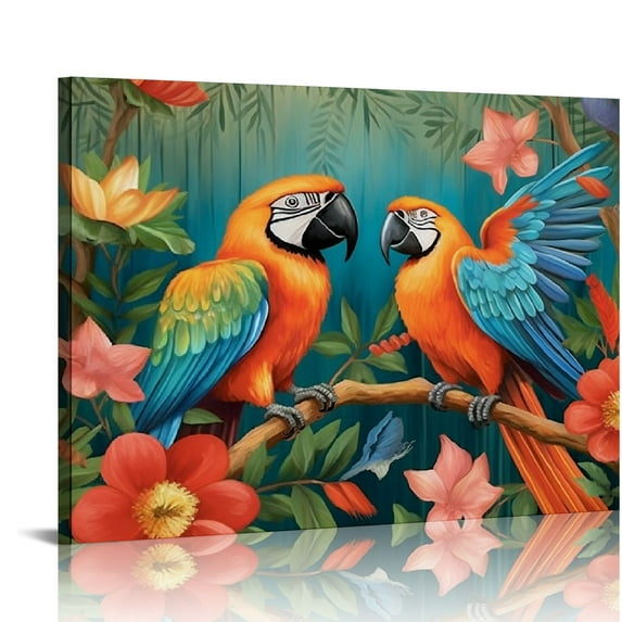 COMIO Parrot Paintings Canvas Wall Art Hawaii Parrot Bird Picture Artwork Tropical Leaves Animal Print Poster for Home Living Room Bedroom Wall Decor Framed Ready to Hang