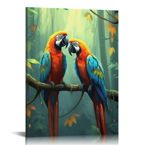 COMIO  Parrot Pictures Canvas Wall Art Couple Parrot on Branch Painting Prints Colorful Birds Picture Tropical Rain Forest Animal Artwork