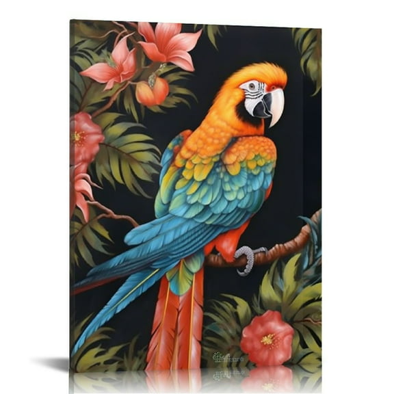 COMIO Parrot Wall Art Canvas Colorful Parrot on Branch Painting Pictures Tropical Rain Forest Animal Prints Artwork for Living Room Bedroom Bathroom Decor Framed Ready to Hang