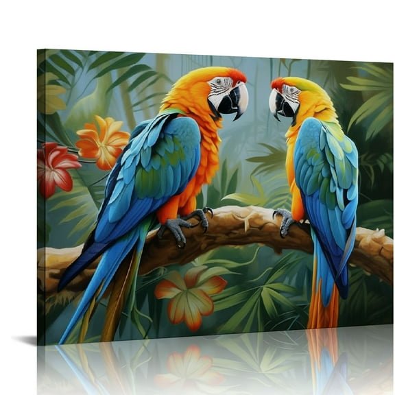 COMIO Parrot Wall Art Parrot Picture Wall Decor Tropical Macaw Birds Canvas Print Painting Colorful Parrot on Branch Artwrok for Living Room,Bedroom,Bathroom Decor Framed
