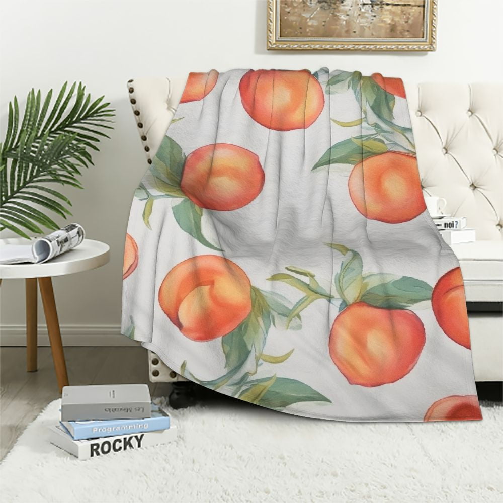 COMIO Peach Throw Blanket Watercolor Hand Drawn Peaches Seamless
