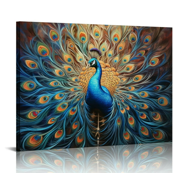 COMIO  Peacock Canvas Wall Art Vintage Blue and White Peacock Feather Painting Picture Artwork for Living Room Kitchen Bedroom Decor