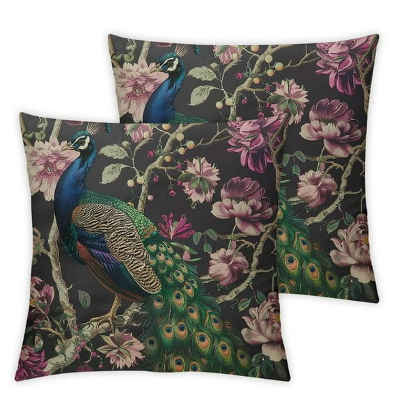 QZHH Peacock On Cherry Tree Throw Pillow Cover Beautiful Bird Feather Wings Floral Branch Botanical Pillow Case Decorative Square Cushion for Home Couch Bed 2pc