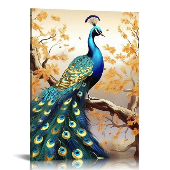 COMIO Peacock Wall Art Peacock Golden Tree Pictures Wall Decor Colorful Bird Peacock Canvas Painting Modern Decoration Artwork for Bathroom Living Room Bedroom Office Framed Ready to Hang