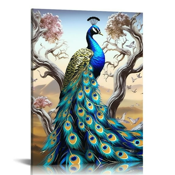 COMIO Peacock Wall Art Peacock Golden Tree Pictures Wall Decor Colorful Bird Peacock Canvas Painting Modern Decoration Artwork for Bathroom Living Room Bedroom Office