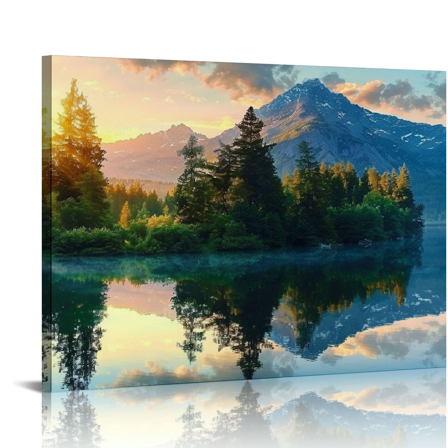 A Peaking View Through The Forest Of The Morning Sunrise Wall Mural ( Lake And Mountains) - Peel