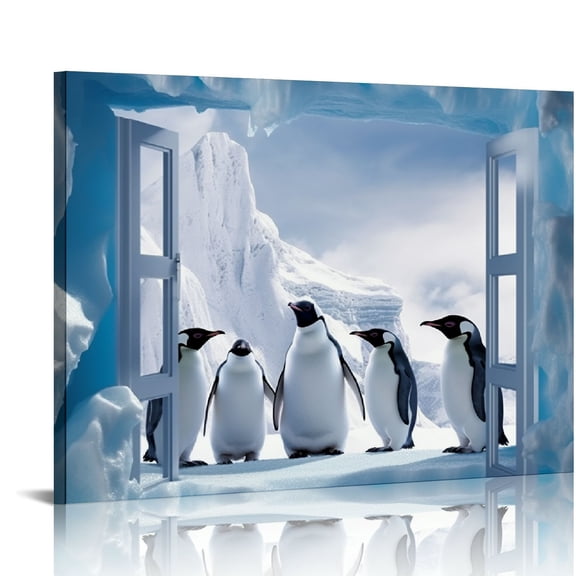 COMIO Penguin Wall Art Cute Penguin Pictures Wall Decor Iceberg Bathroom Canvas Decor Prints Painting Framed Home Artwork For Bathroom Bedroom Boys Girls Room