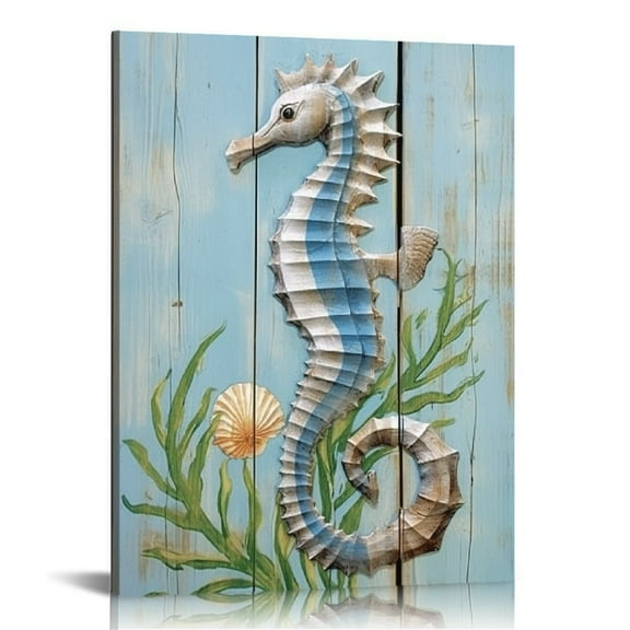 COMIO  Picture Canvas Wall Art Prints Underwater World Seahorse Starfish Seaweed Home Decor Painting Artworks Ready to Hang for Living Room Bedroom Bathroom Retro Compass Wooden