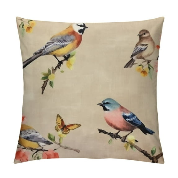 COMIO Pillow Case Birds Vintage Floral Flowers Spring Summer Beige Pillow Cover Protector Pillow Sham Standard Pillowcase Zippered