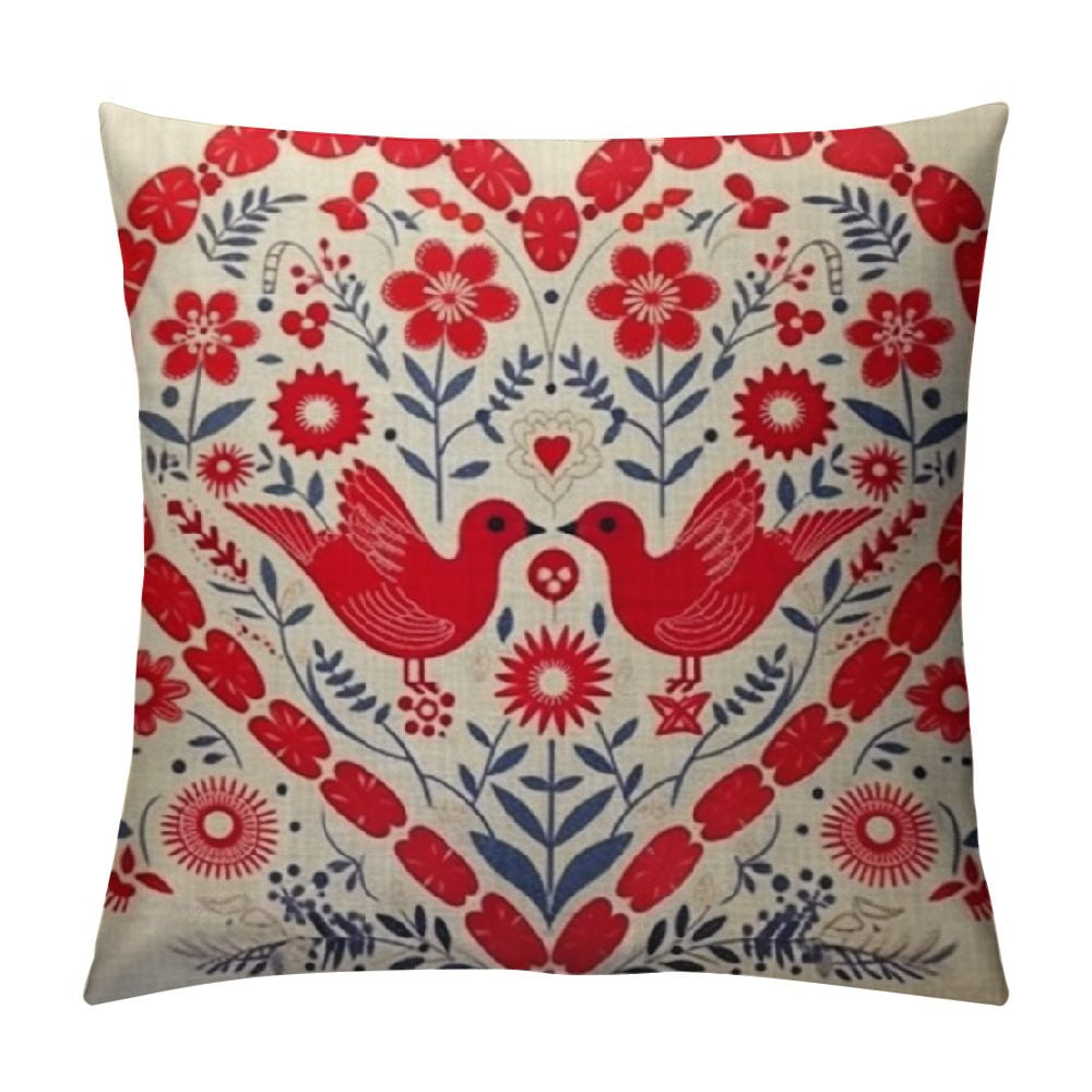 COMIO Pillow Case Danish Heart Scandinavian Red Folk Pattern Birds