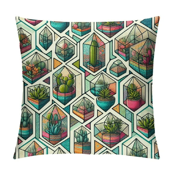 COMIO Pillow Covers Cactus with Succulents and Cactuses with Inky in Glass Terrariums Trendy Tropical Design Flower Desert Pillow Case Cushion Cover for Home Decor Square Pillowcase White
