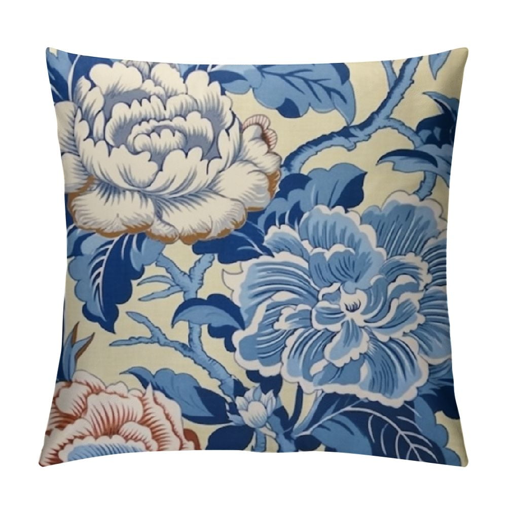 4-Pack Floral Throw Pillow Covers 18x18 Inch | Pink Roses Peony Poppy Blue Flowers Design | Zipper Couch Sofa Decor