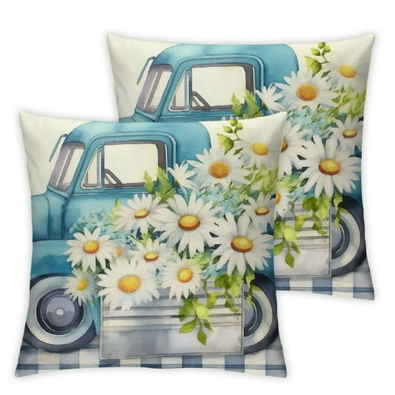 COMIO Pillow Covers Set of 2 Buffalo Plaid Daisy Truck Bloom Hello Sunshine Spring Pillows Decorative Throw Pillows Light Green Pillowcase Spring Decorations Farmhouse Decor for Couch