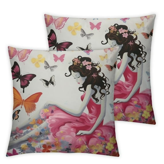 COMIO Pillow Covers Set of 2 Butterfly Girl, Throw Pillow Cases Fairy Woman Butterflies Flowers Pillowcase Cushion Cover Decorative for Indoor Outdoor Home Sofa Bedroom Livingroom, Pink