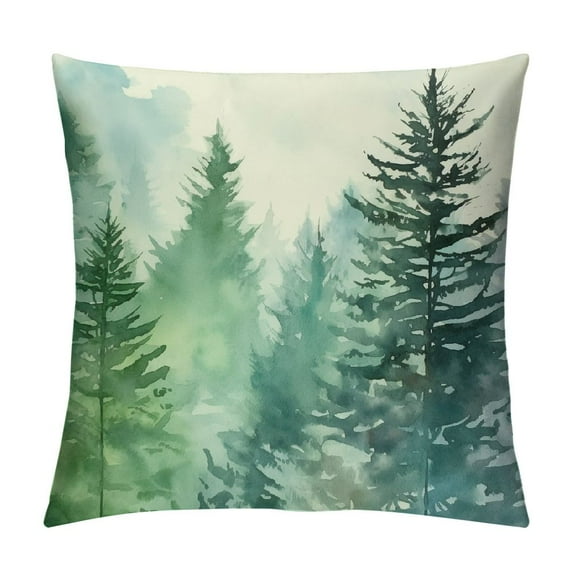 COMIO Pine Tree Throw Pillow Covers Watercolor Blue Green Square Rustic Style Natural Forest Fog Print Decorative Pillowcase Spring Summer Cushion Cover for Home Sofa Bed Outdoor