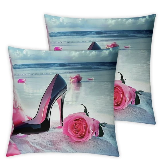 QZHH Pink Black White Throw Pillow Covers African American Square Pillow Cases Cover Black Girl on The Beach Pink Flowers, Perfume Handbags High Heels 2pc