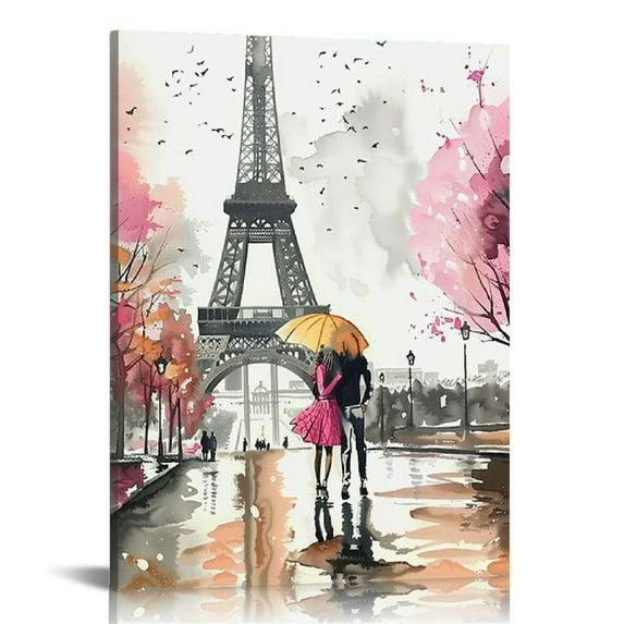 COMIO Pink Canvas Wall Art Paris Eiffel Tower Canvas Pictures Couple on Fancy Sakura Blossoming Paris Street Scenery Painting Pink Theme Girls Room Wall Decor Living Room Bedroom Bathroom