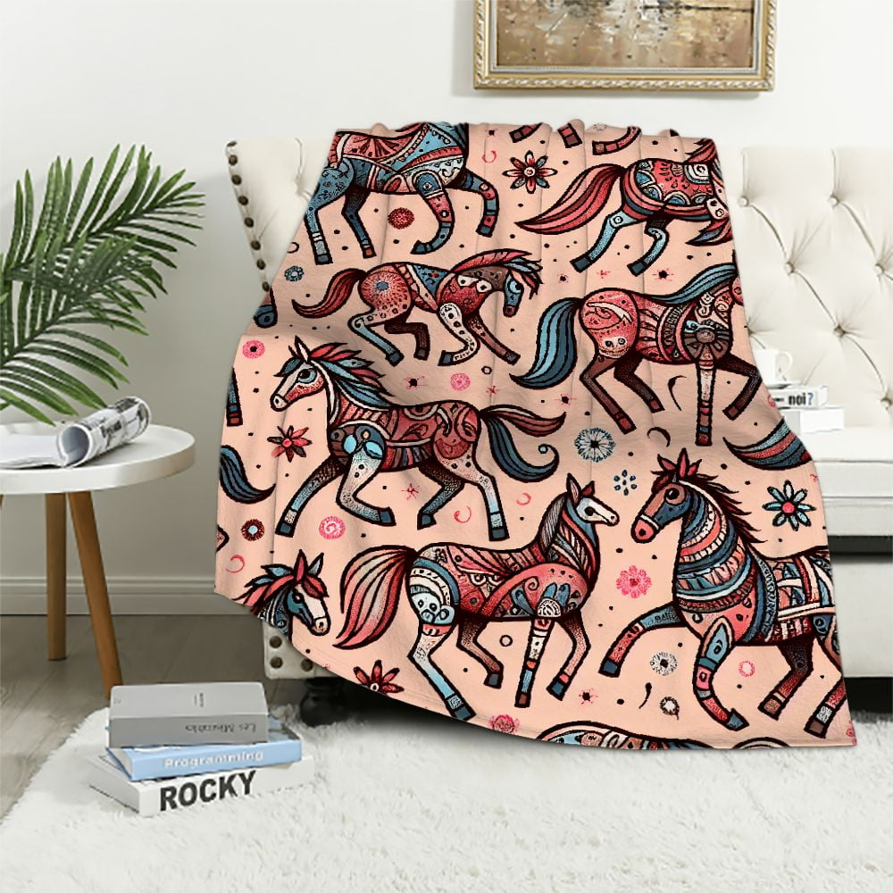 COMIO Pink Cartoon Horse Blanket Cartoon Throw Blanket for Couch, Plush