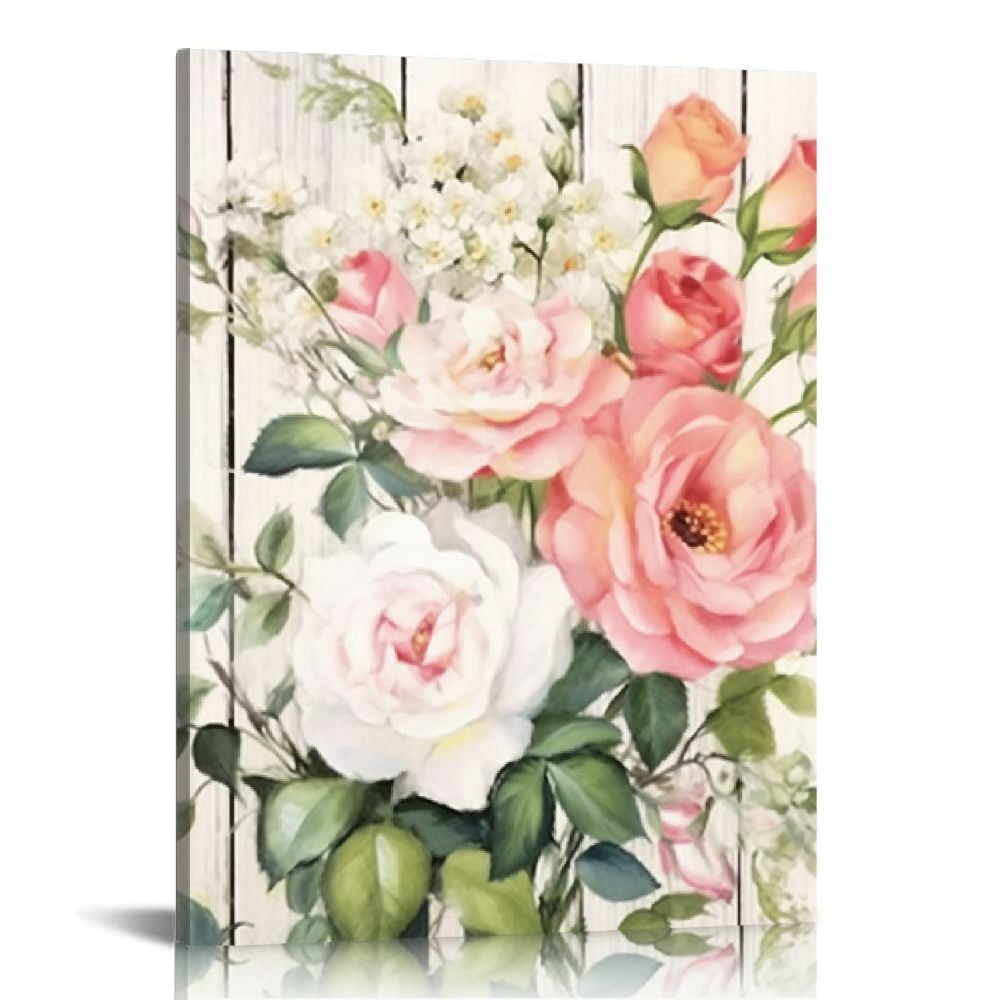COMIO Pink Flower Home Decor Bathroom Wall Art Canvas Framed Wall Art ...