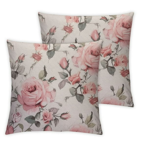 COMIO Pink Flowers and Leaves Pillow case, Watercolor Floral Pattern Pillow Cover, Flower Rose Burlap Throw Pillow Case Cushion Cover Couch Sofa Decorative Square 2pc