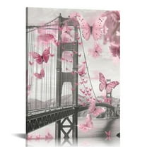 COMIO  Pink and Grey Canvas Wall Art for Living Room Bedroom Bathroom Girls Pink Paris Theme Room Decor London Big Ben Tower Eiffel Golden Gate Bridge with Butterfly Painting Wall Decor