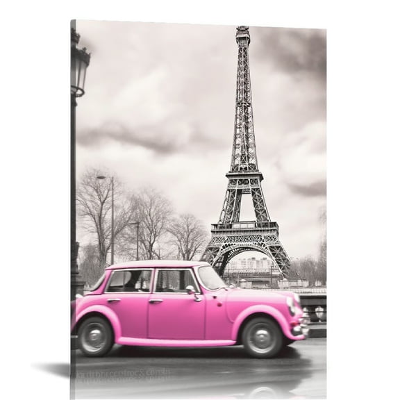 COMIO Pink Paris Art Wall Decor Eiffel Tower Canvas Wall Art for Bedroom Living Room Black and White Building Pictures Modern Home Art Decoration