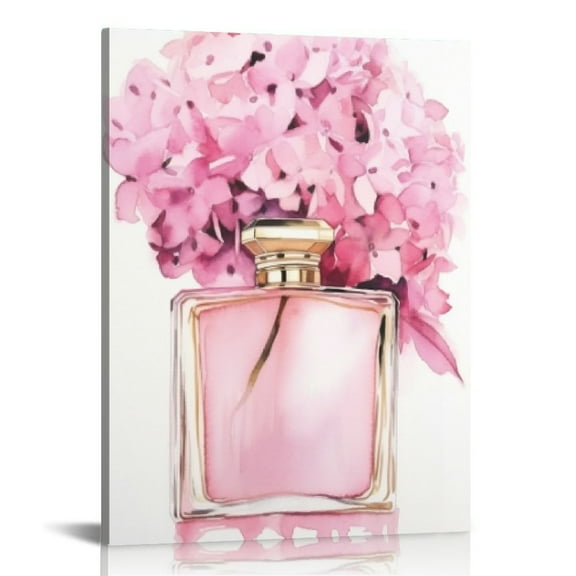 COMIO Pink Perfume Bottle Rose Flowers Canvas Wall Art Fashion Aesthetic Makeup Glitter Bathroom Wall Decor - Framed Modern Paris Coco Painting Pictures For Bedroom