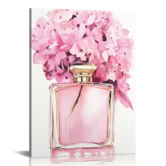COMIO Pink Perfume Bottle Rose Flowers Canvas Wall Art Fashion Aesthetic Makeup Glitter Bathroom Wall Decor - Framed Modern Paris Coco Painting Pictures For Bedroom
