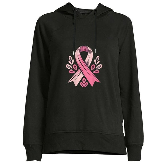 COMIO Pink Ribbon Retro Style Women's Washed Pullover Hoodie Courageous Support Shirt Black