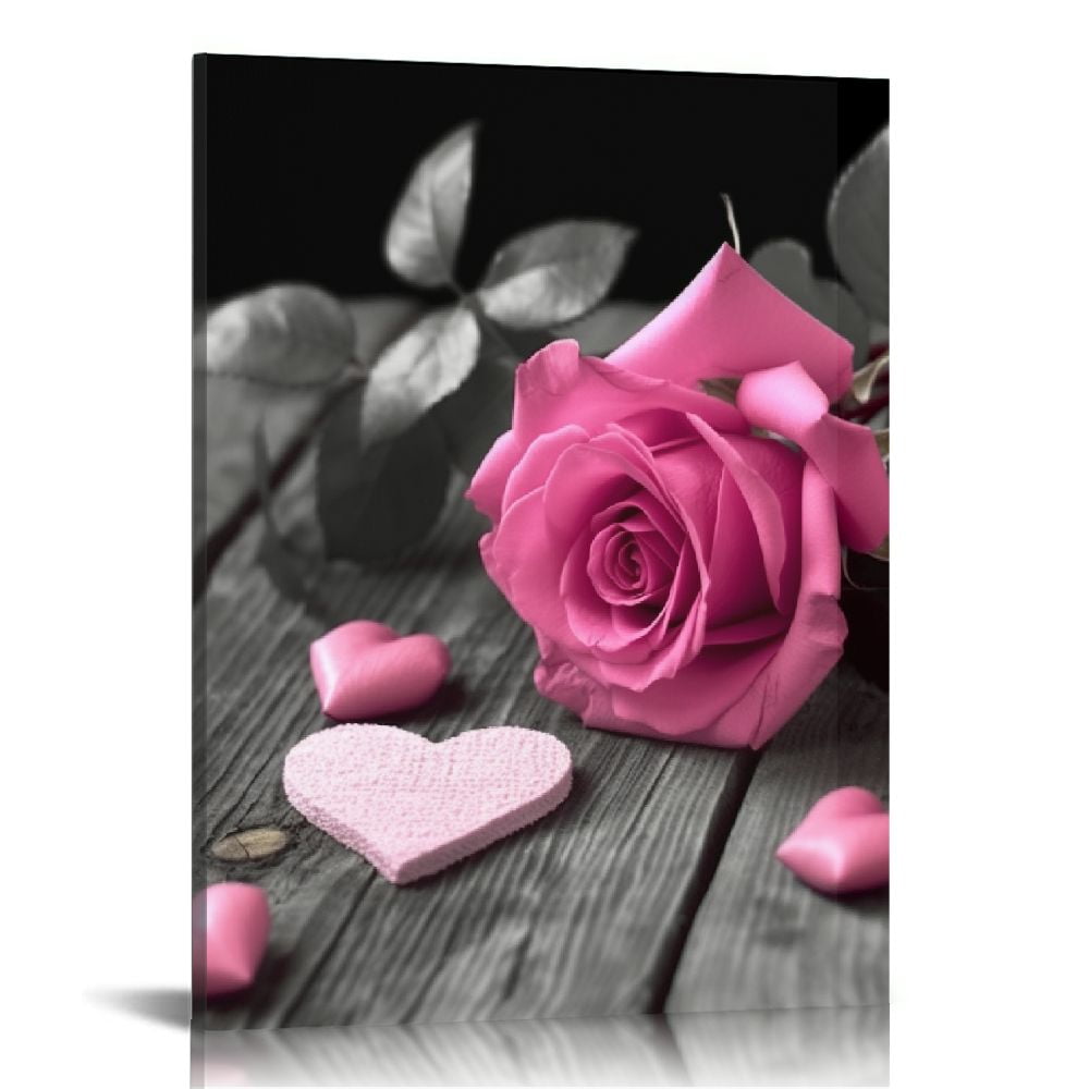 COMIO Pink Rose Bathroom Wal Art Pink Flower Wall Decoron Black And ...