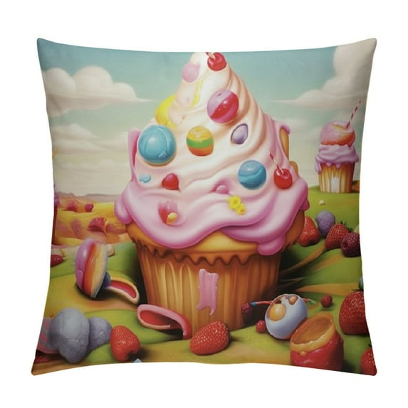 COMIO Pink Throw Pillow Cushion Cover, Food Theme Tasty Landscape of Candies Cupcakes Lollipop and Ice Cream Print, Decorative Square Accent Pillow Case,Green Yellow