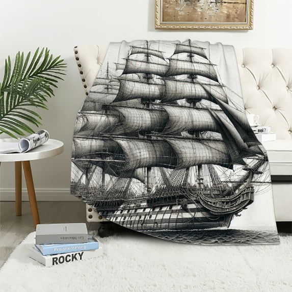 COMIO Pirate Ship Soft Flannel Throw Blanket, Sailing Boat Detailed Illustration Nautical Maritime Theme Vintage Style Art, Cozy Plush for Indoor and Outdoor Use, Cream Black