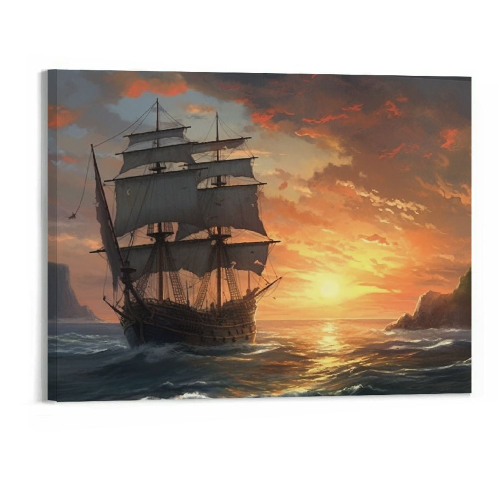 GEMMII Image sur Toile XXL, Peinture Bateau Pirate Mur Art Voilier Affiche Imprimer Mur Art Photo pour Salon Hôtel Décor 42x60 cm Sans Cadre