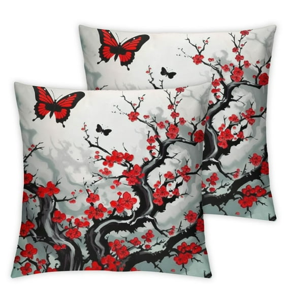 QZHH Plum Blossom Floral Throw Pillow Cover Set of 2 Cases Branch Foliage Butterfly Cherry Japanese Blossom Ink China Culture Classic Outdoor Decor Pillowcase Home Square