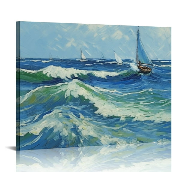 COMIO Print simulation painted texture on canvas painting Van Gogh Classic Wall Art Stormy Sea at Saintes Maries Ship Seascape Ornate Framed Brushstroke