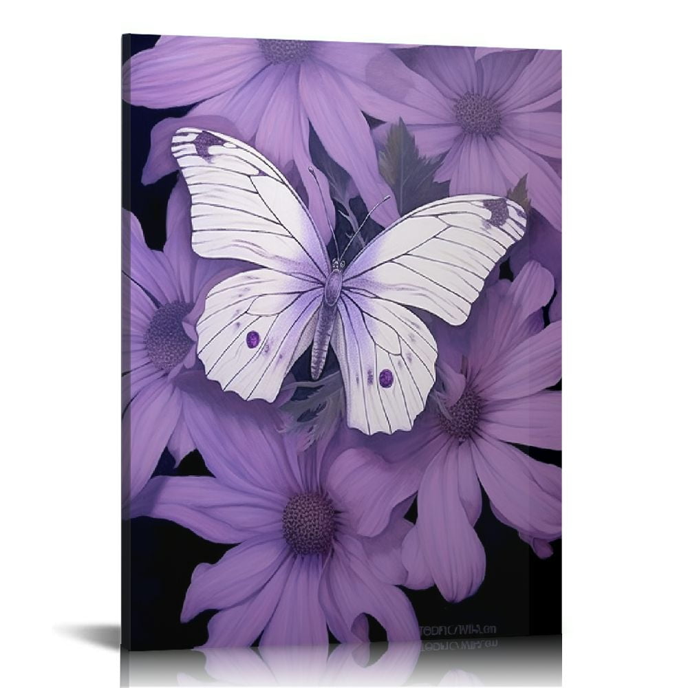 COMIO Purple Butterfly Painting Giclee Print on Canvas, Stretched and Framed, Modern Home Decoration for living room, bedroom, bathroom decor Wall Art,,Ready To Hang